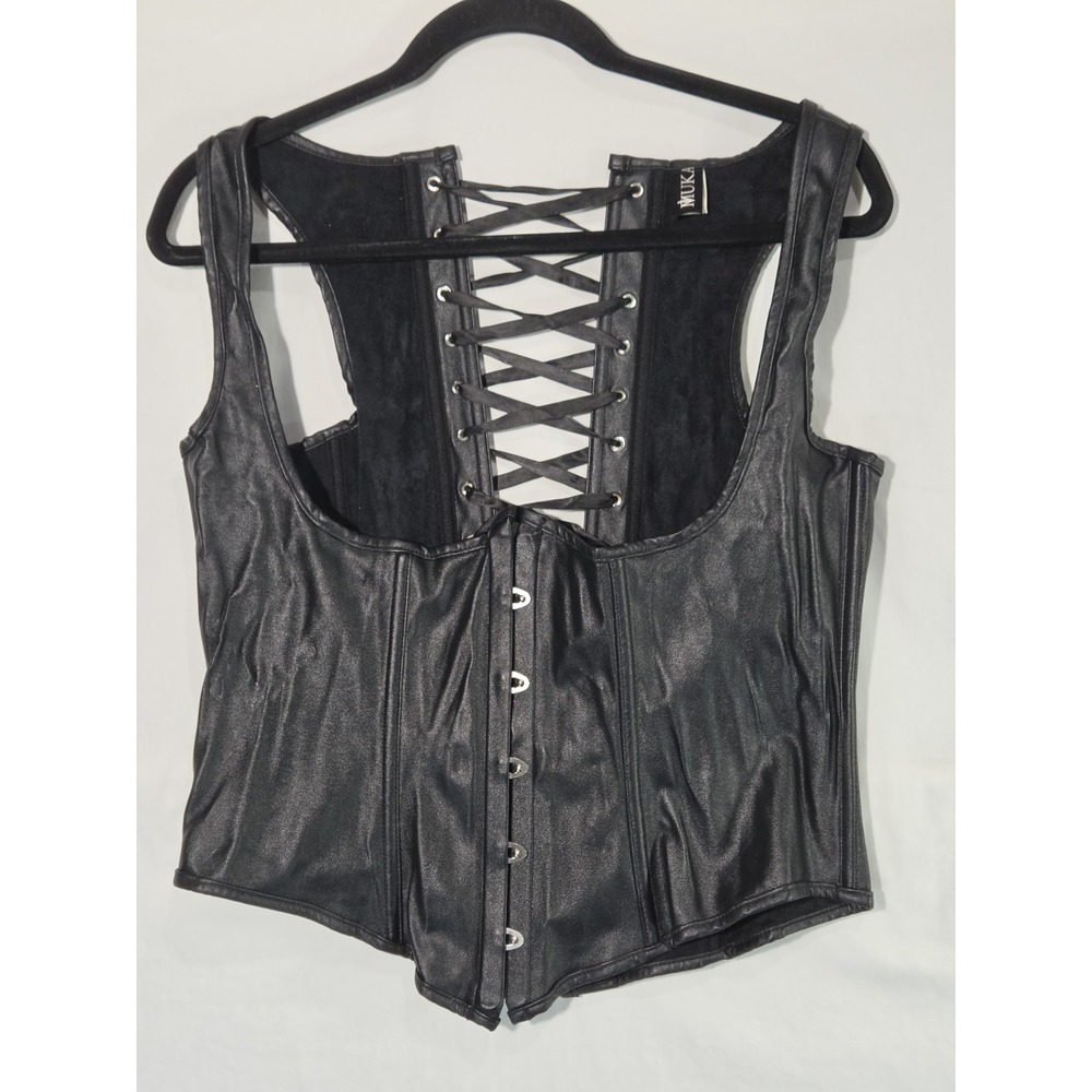 MUKA Corset Vest Womens XL Black Faux Leather Lace Up Back Punk Goth Edgy Grunge
